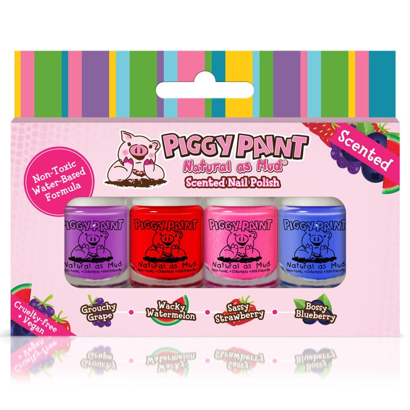 PIGGY PAINT 100% Non-toxic Girls Nail Polish - Safe, Chemical Free Low Odor for Kids, SCENTED 4 Polish Set - Image 1